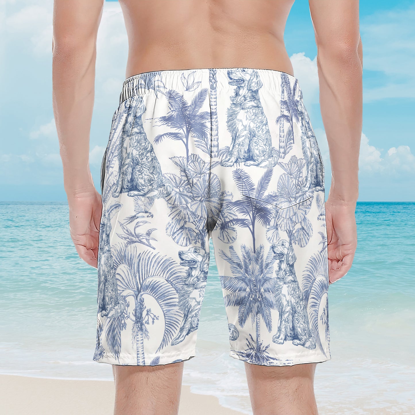 Dog Custom Toile De Jouy French Style Chinoiserie - Personalized Men's Beach Shorts