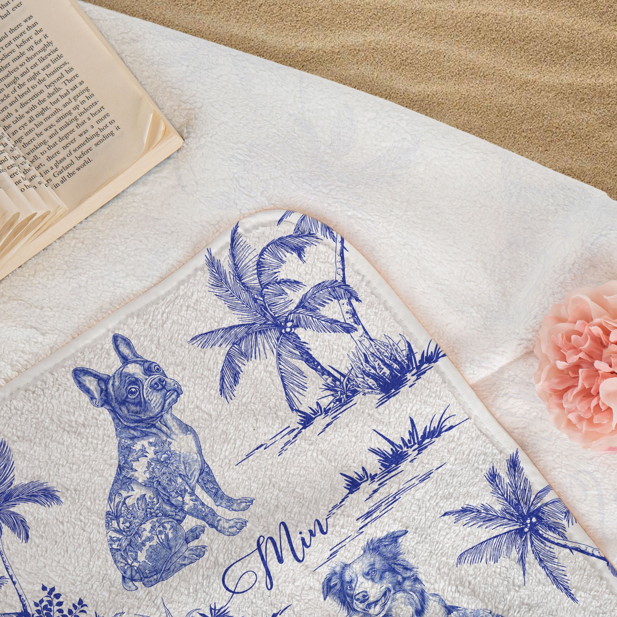 Dog Floral Toile De Jouy Chinoiserie French - Personalized Quick-Dry Beach Towel