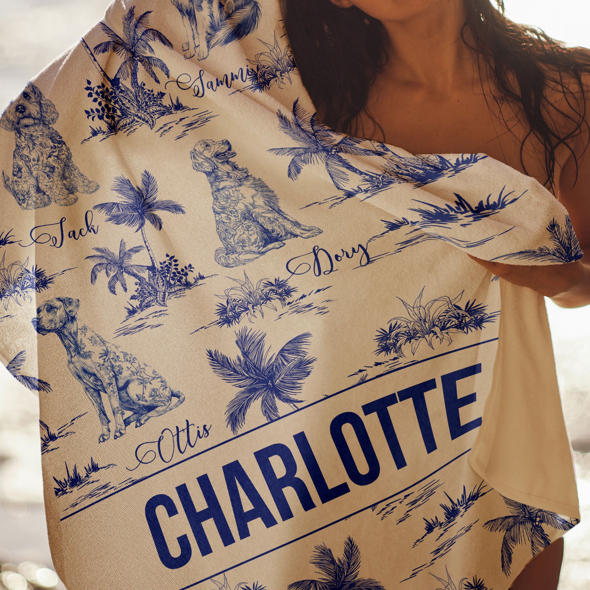 Dog Floral Toile De Jouy Chinoiserie French - Personalized Quick-Dry Beach Towel