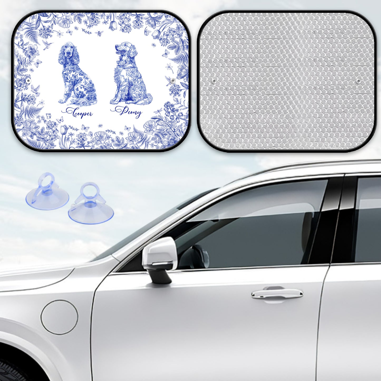 Dog Floral Toile De Jouy Style - Custom Car Side Window Sun Shade