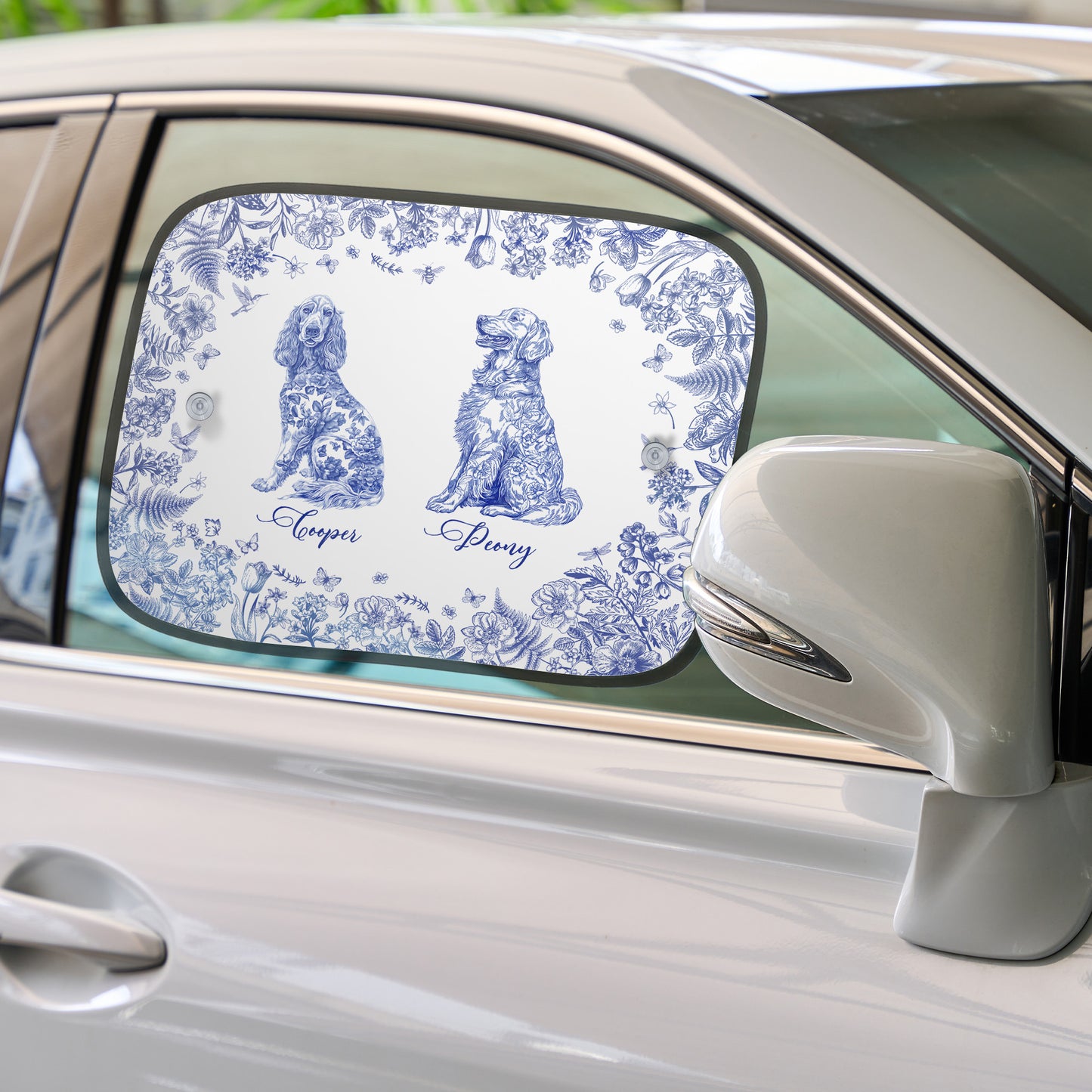 Dog Floral Toile De Jouy Style - Custom Car Side Window Sun Shade