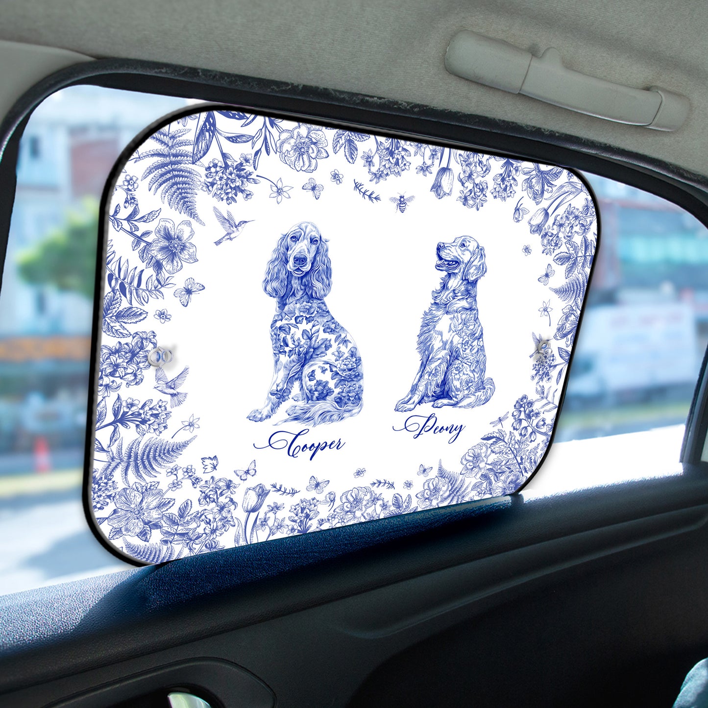 Dog Floral Toile De Jouy Style - Custom Car Side Window Sun Shade