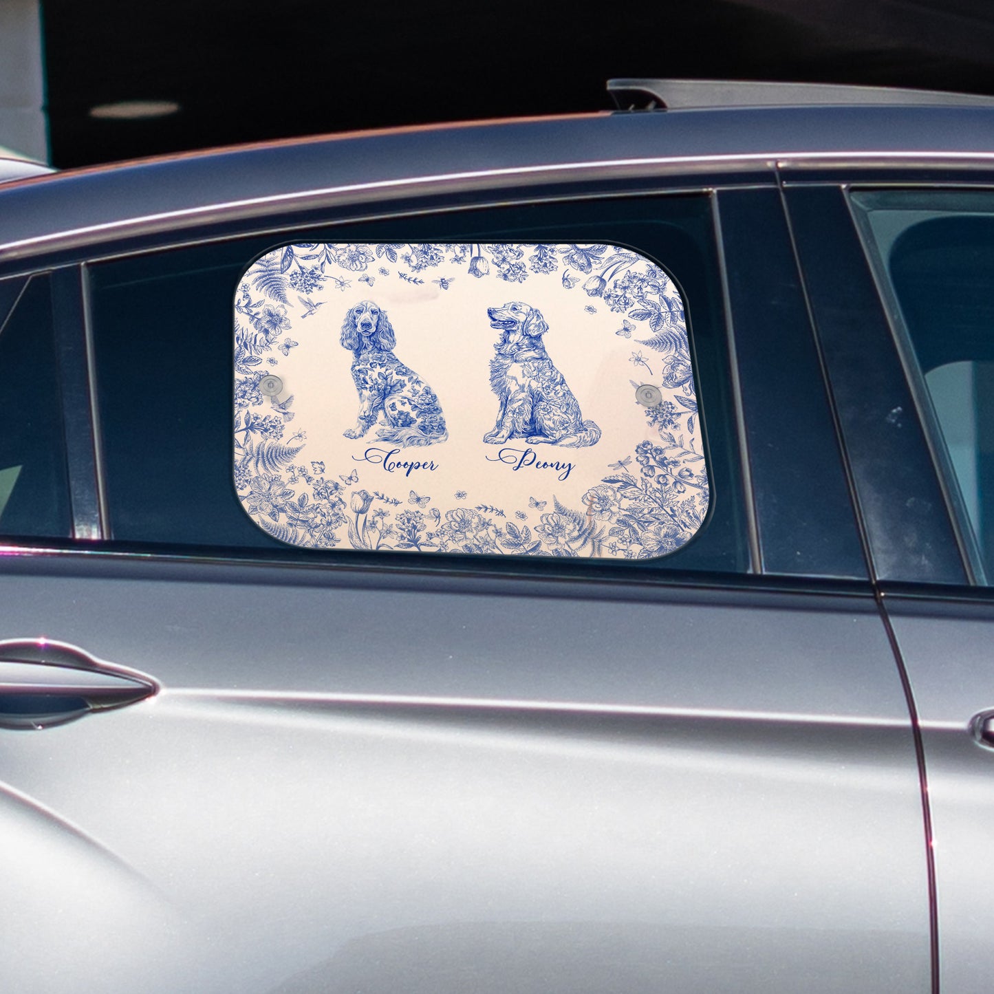 Dog Floral Toile De Jouy Style - Custom Car Side Window Sun Shade