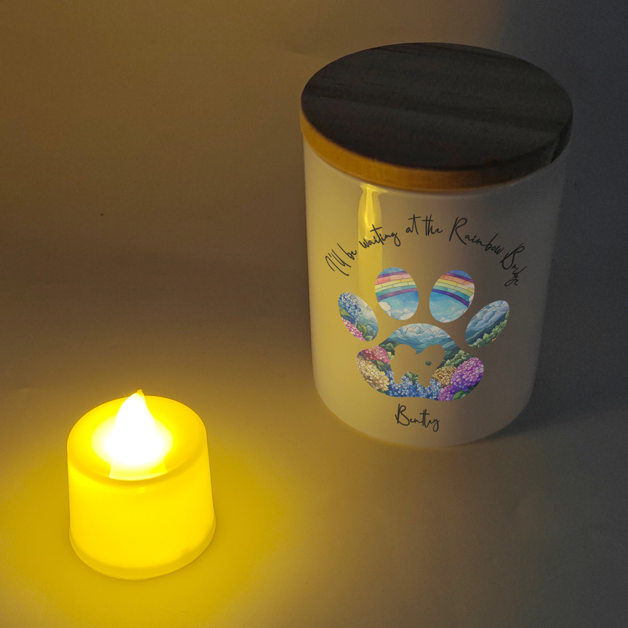 Dog Loss I'll Be Waiting At The Rainbow Bridge - Personalized LED Tea Light Holder
