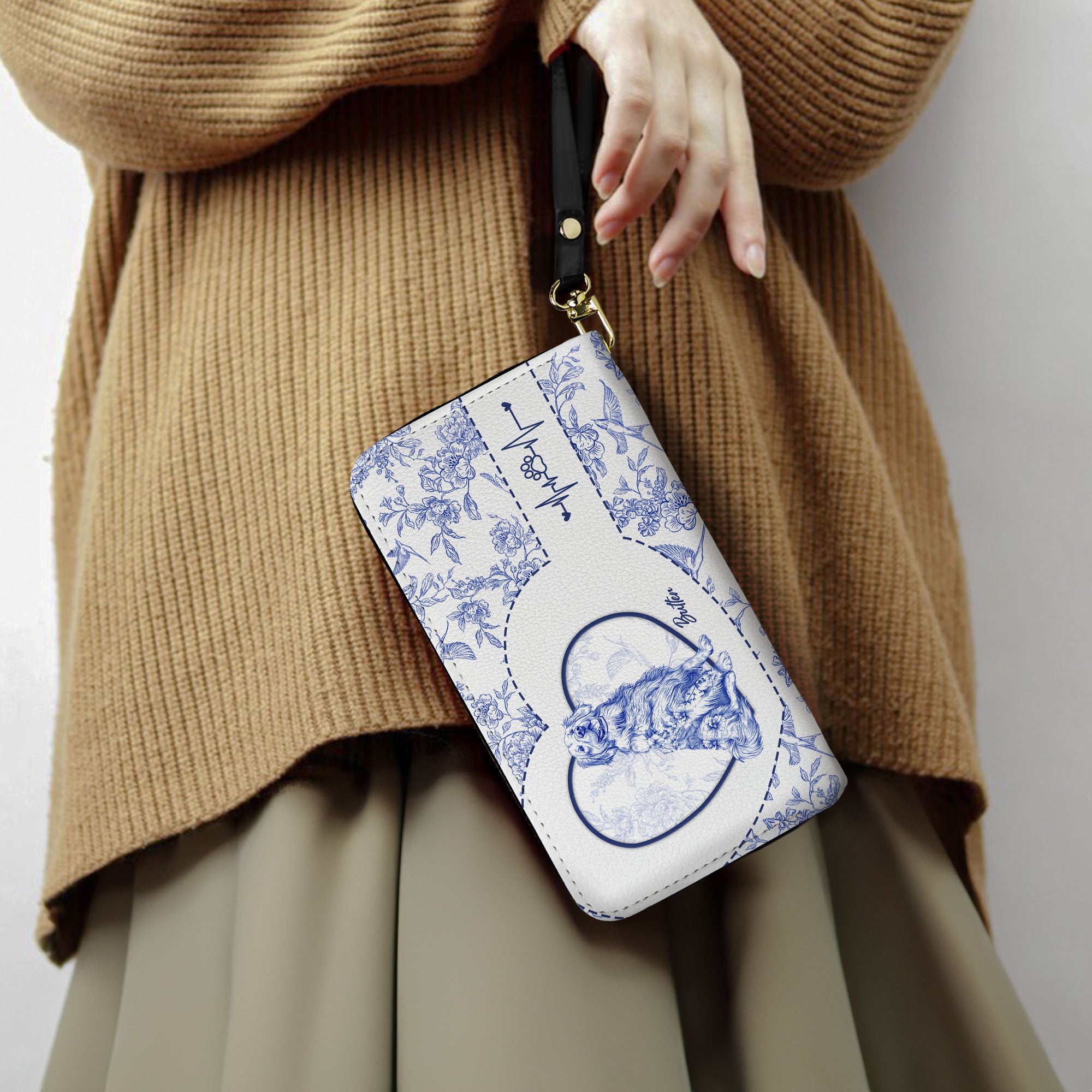 Dog Lover Gift Custom Toile De Jouy French Style - Personalized Leather Long Wallet