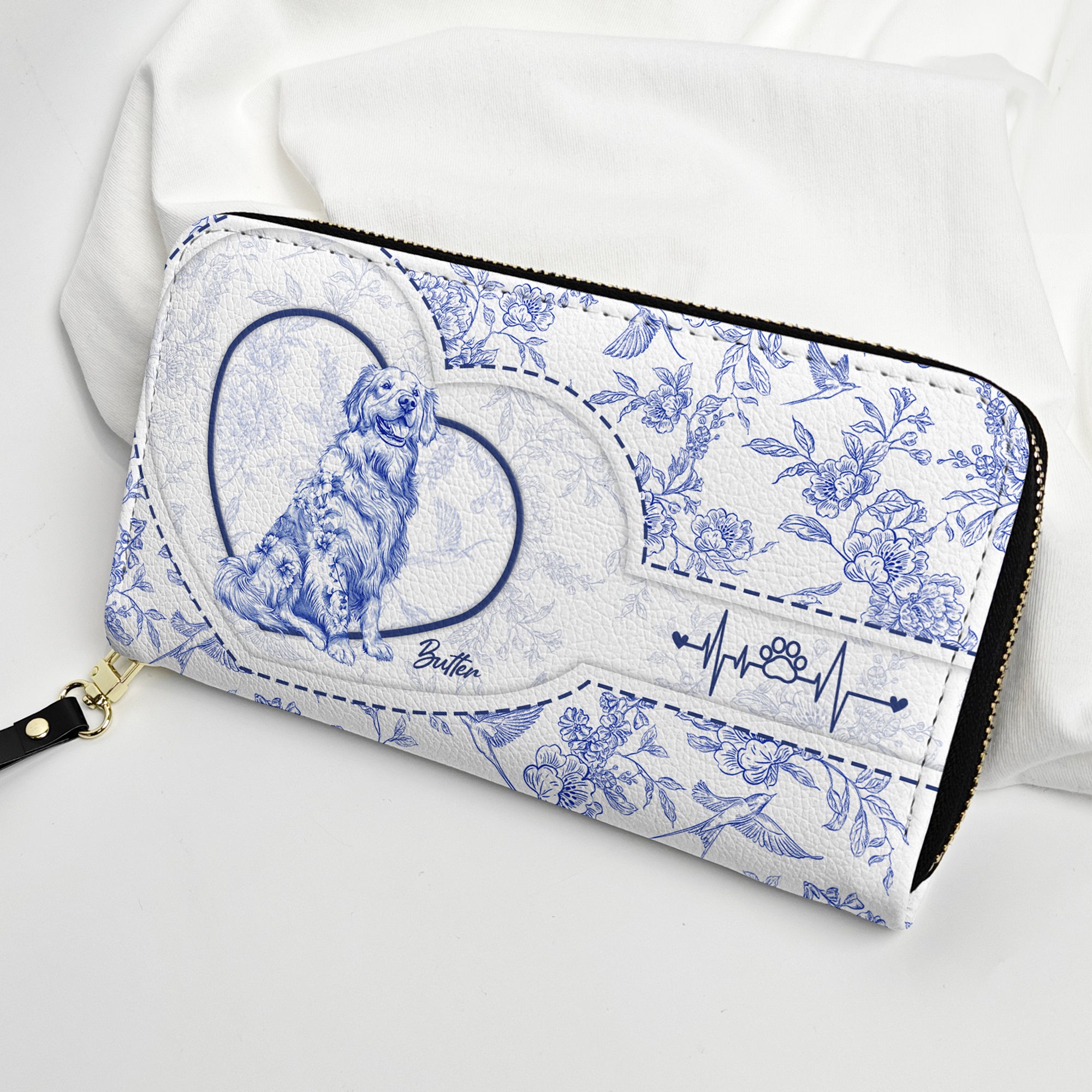 Dog Lover Gift Custom Toile De Jouy French Style - Personalized Leather Long Wallet