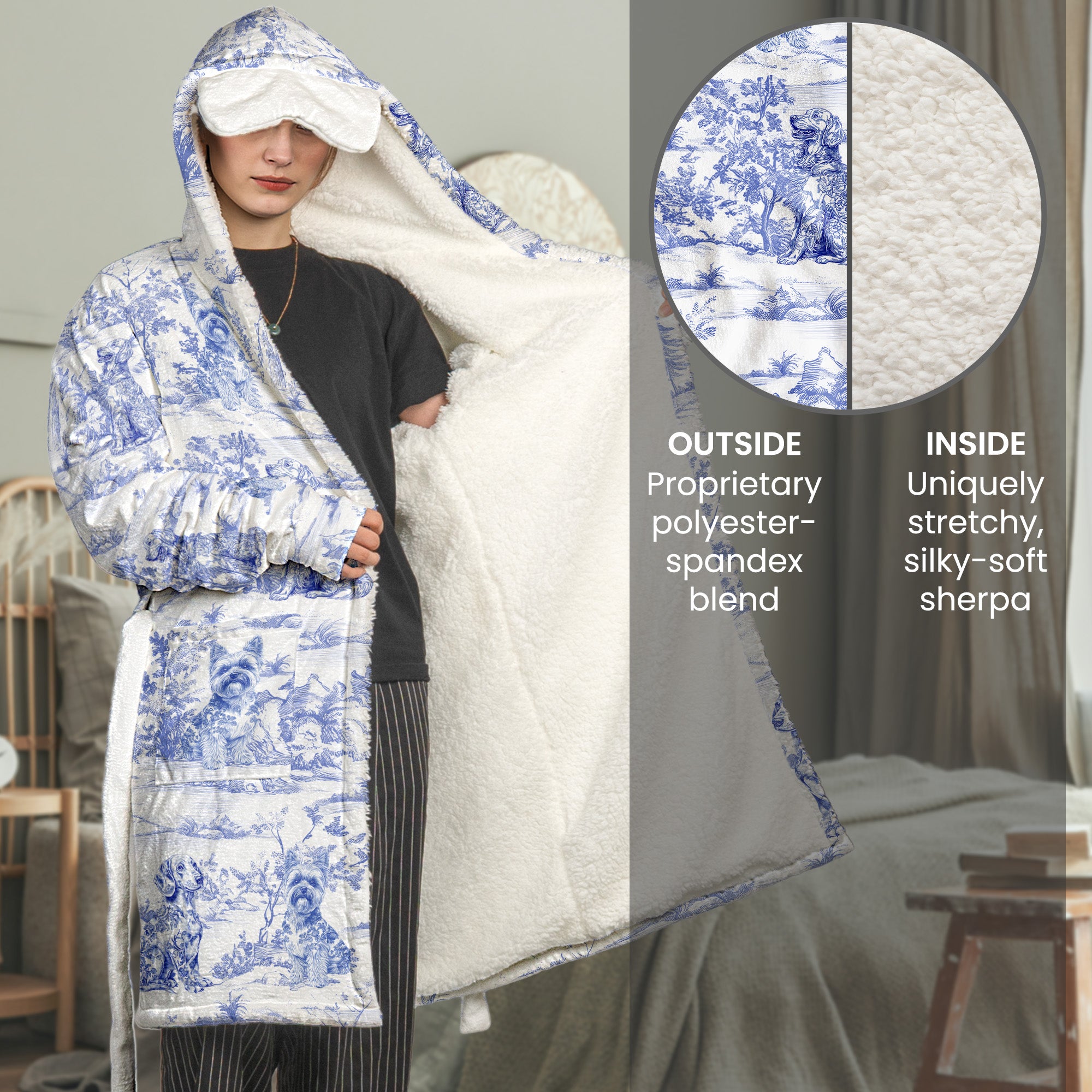 Dog Lover Gift Toile De Jouy Floral French Style Dog Mom - Personalized Hooded Robe