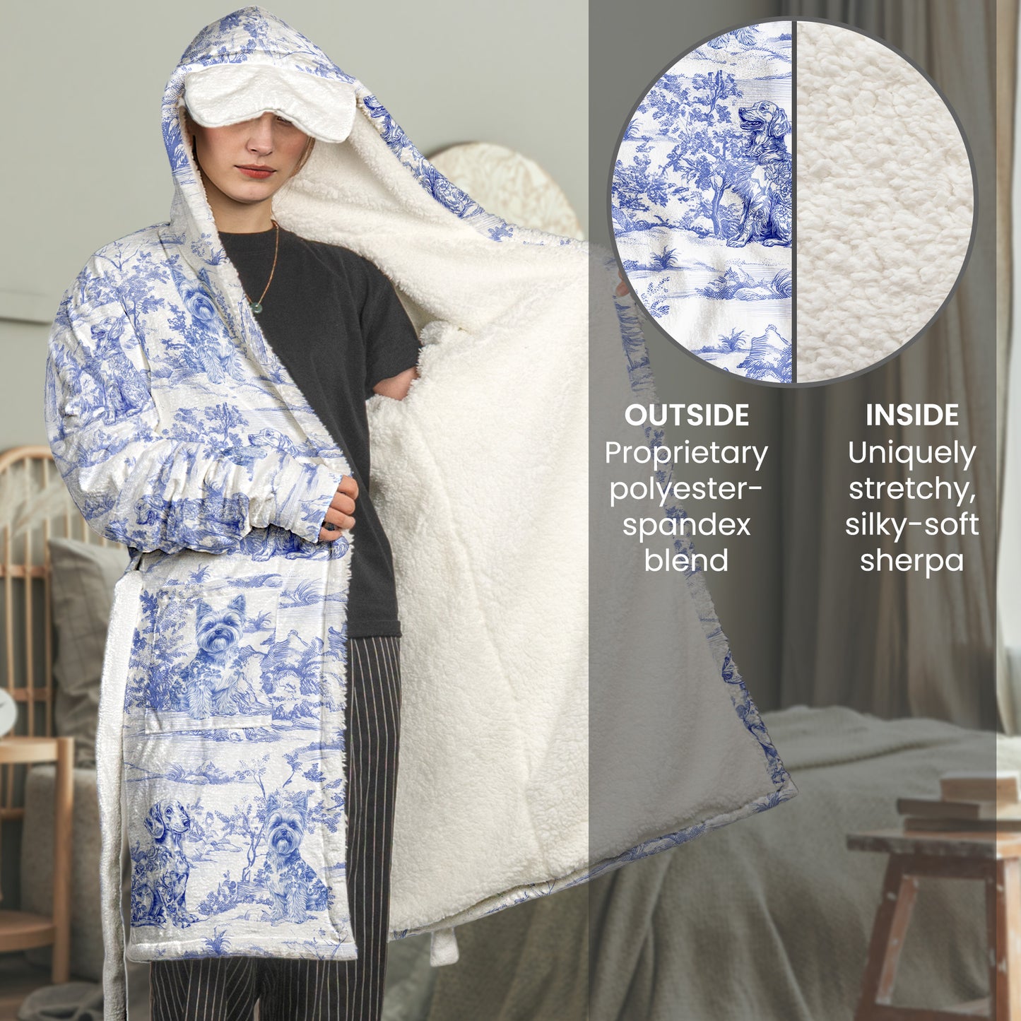 Dog Lover Gift Toile De Jouy Floral French Style Dog Mom - Personalized Hooded Robe