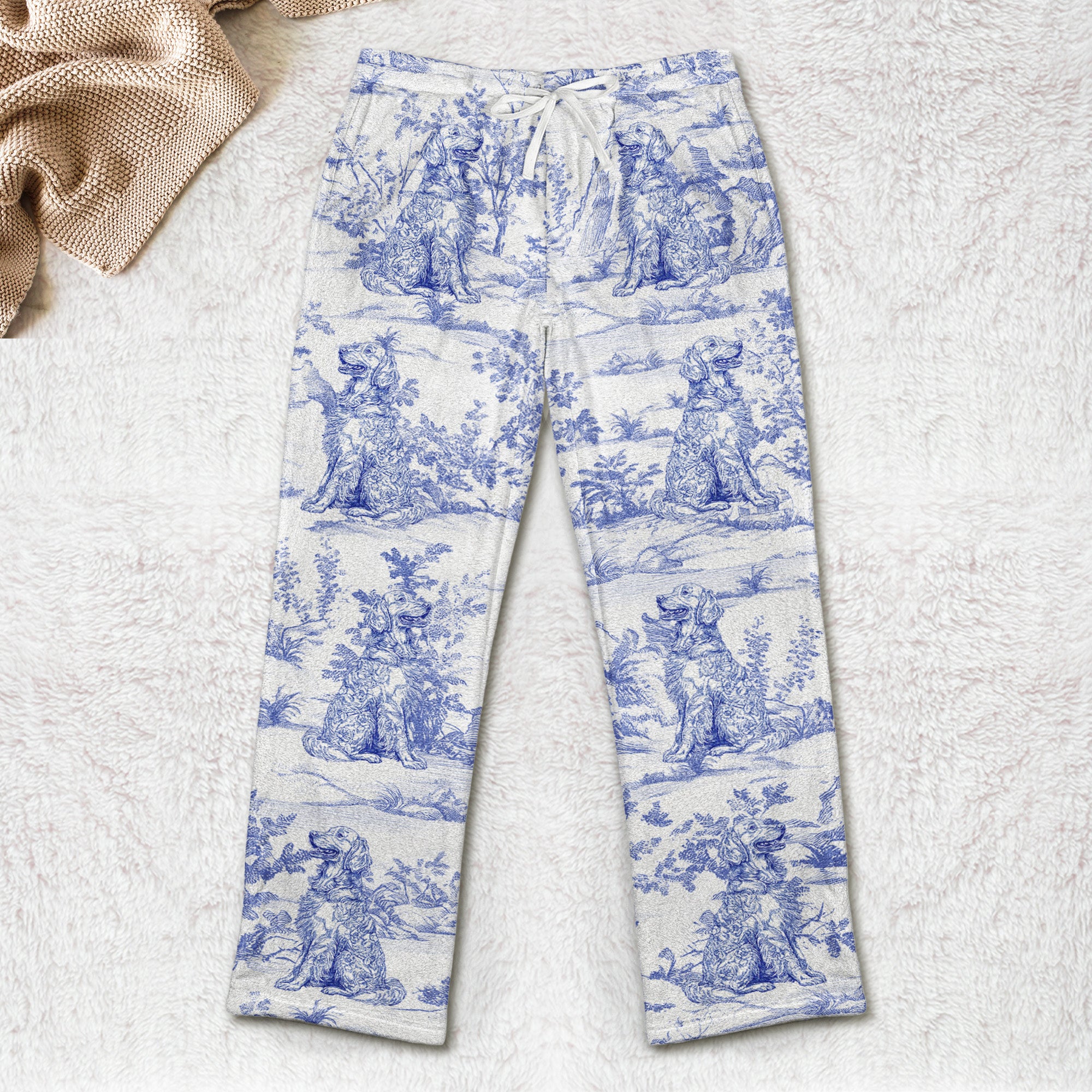 Dog Lover Gift Toile De Jouy Style - Personalized Fleece Pajama Pants