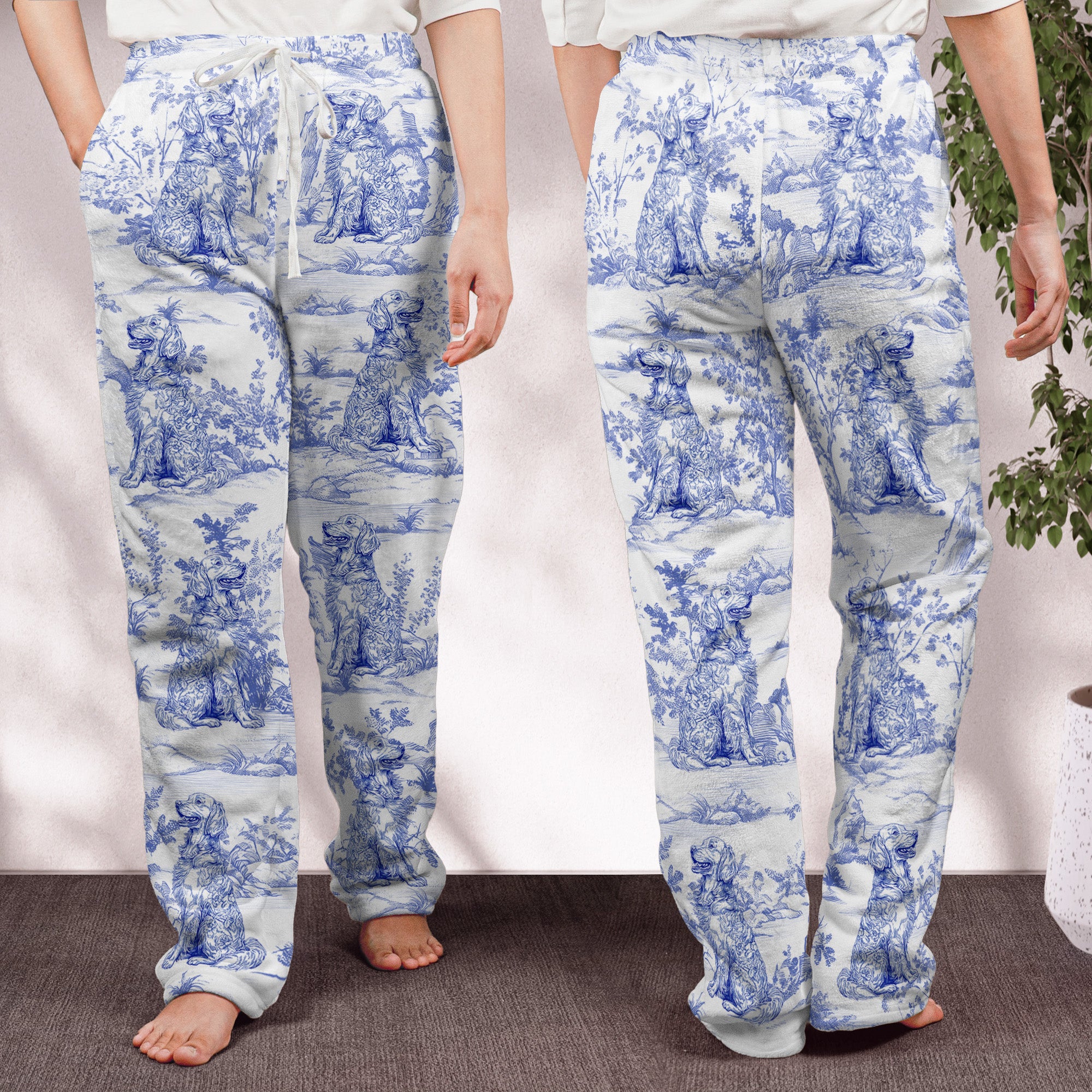 Dog Lover Gift Toile De Jouy Style - Personalized Fleece Pajama Pants