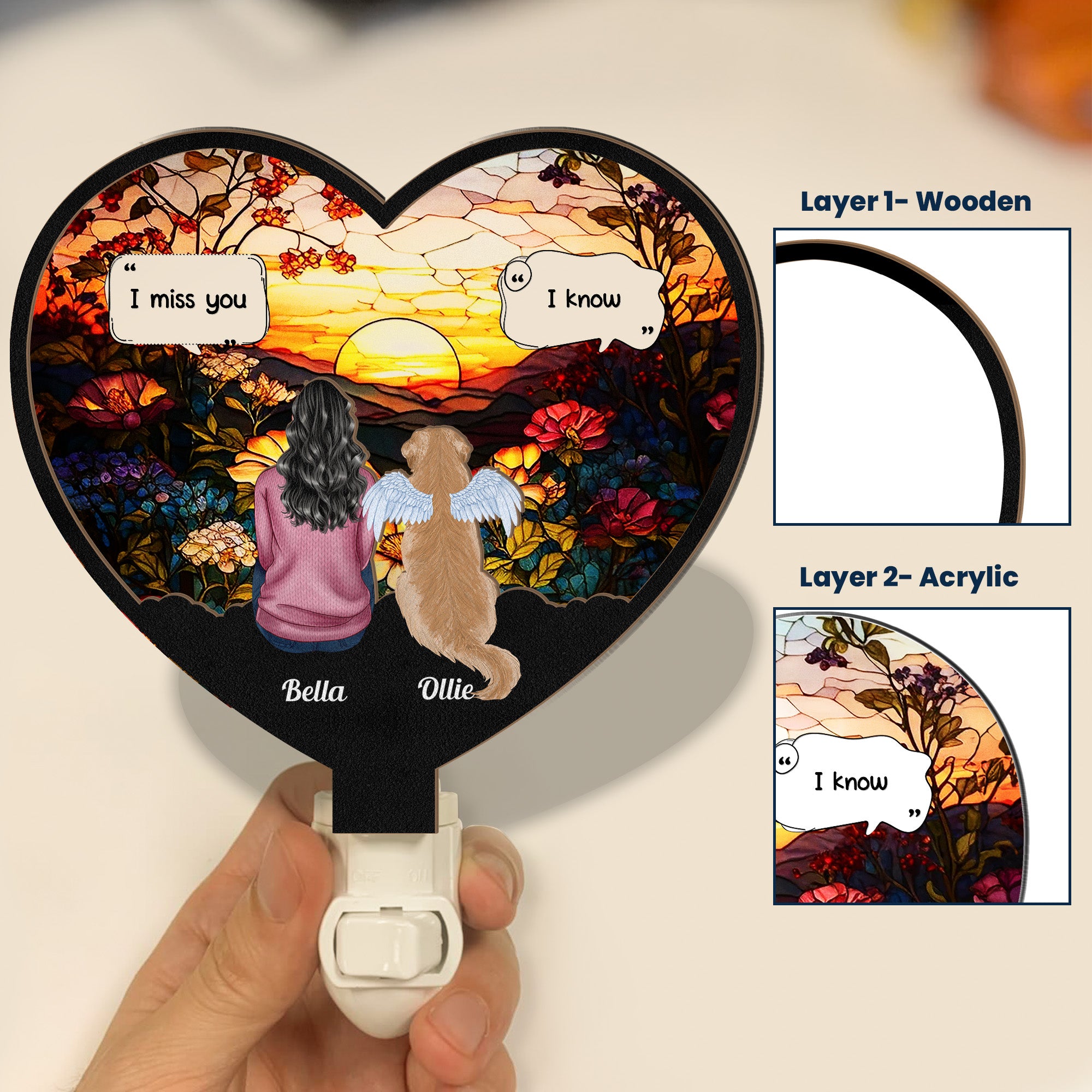 Dog Memorial, Cat Memorial - Personalized Wood And Acrylic Night Light