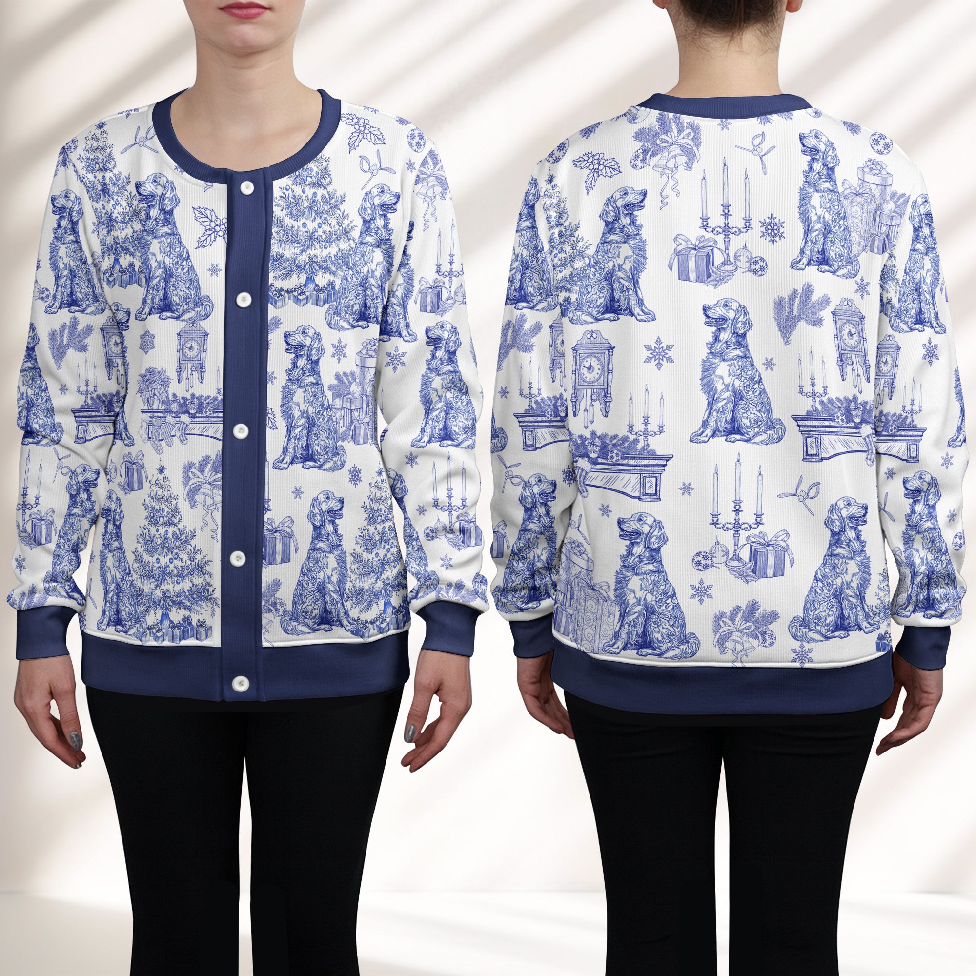 Dog Mom Toile De Jouy Christmas Themed - Personalized Crewneck Cardigan