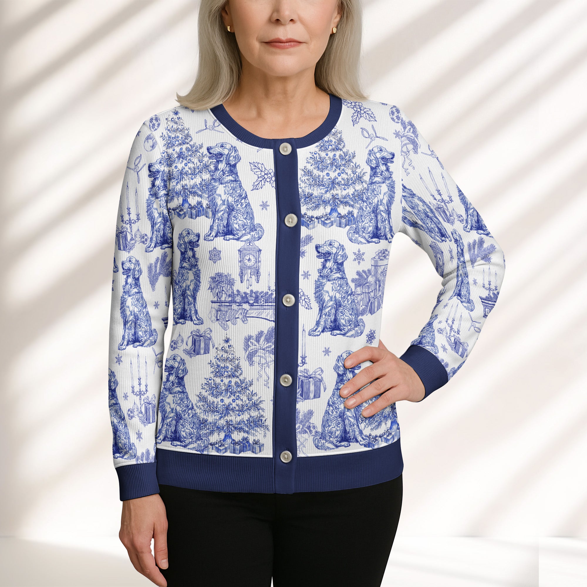 Dog Mom Toile De Jouy Christmas Themed - Personalized Crewneck Cardigan