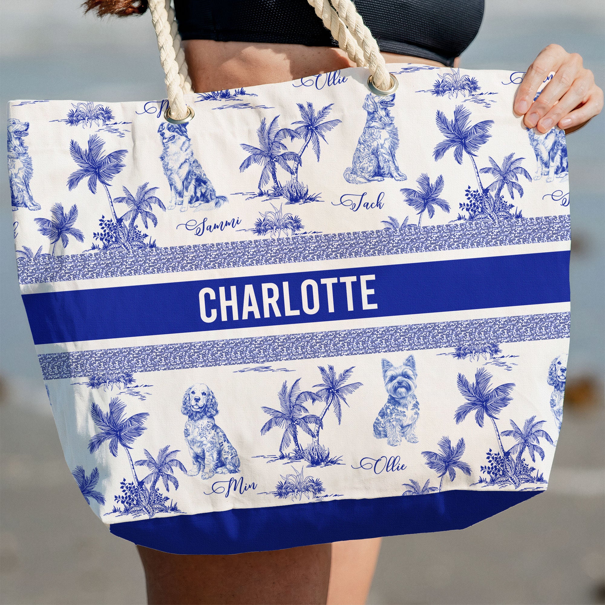 Dog Mom Toile De Jouy Summer French Style - Personalized Beach Bag