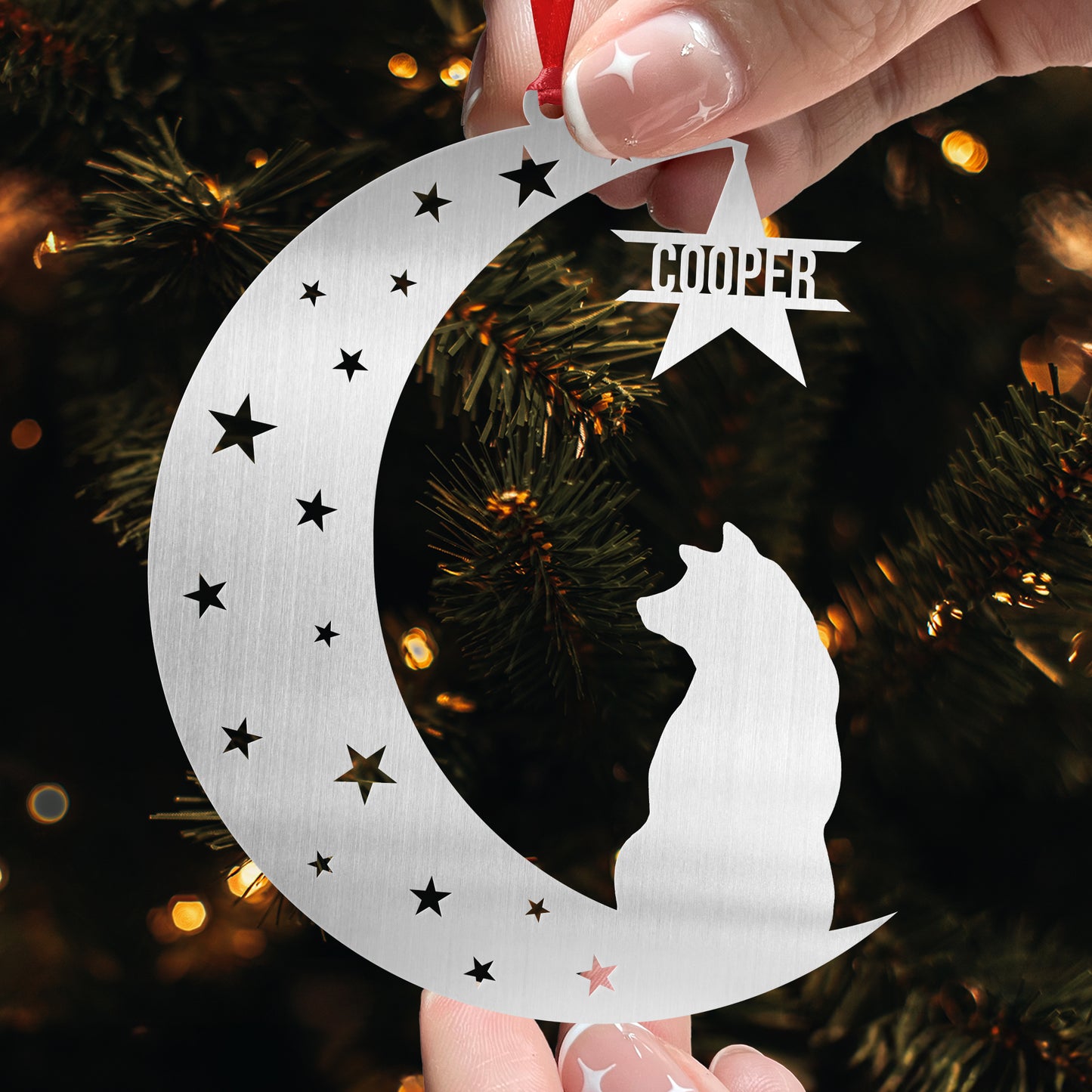 Dog Sitting On The Moon - Personalized Metal Ornament