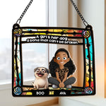 Dog & Girl Sitting In Rainbow Frame - Personalized Window Hanging Suncatcher Ornament