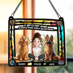 Dog & Girl Sitting In Rainbow Frame - Personalized Window Hanging Suncatcher Ornament