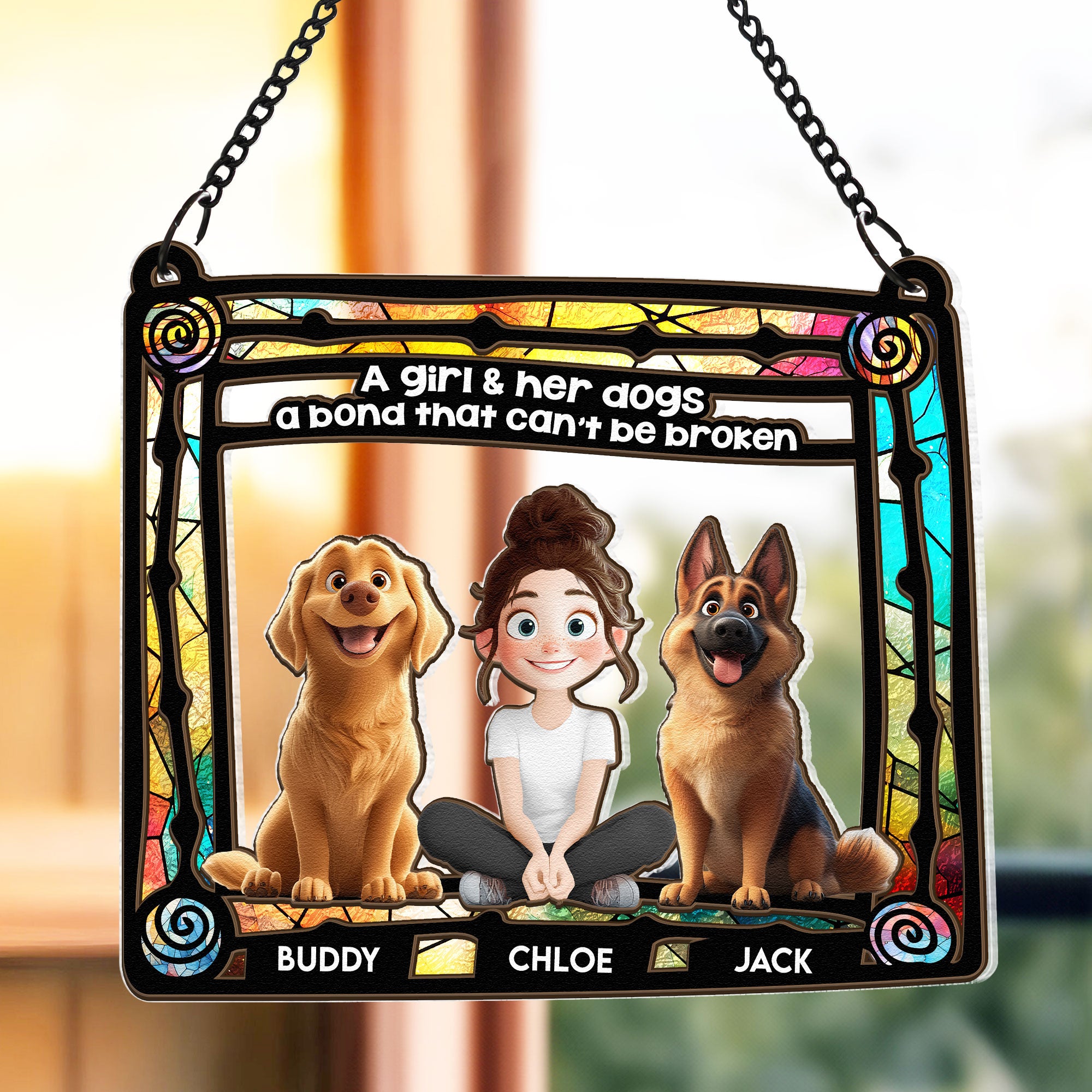 Dog & Girl Sitting In Rainbow Frame - Personalized Window Hanging Suncatcher Ornament