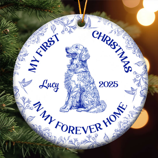 Dog's 1st Christmas, Cat's First Christmas, Toile De Jouy - Personalized Ceramic Ornament