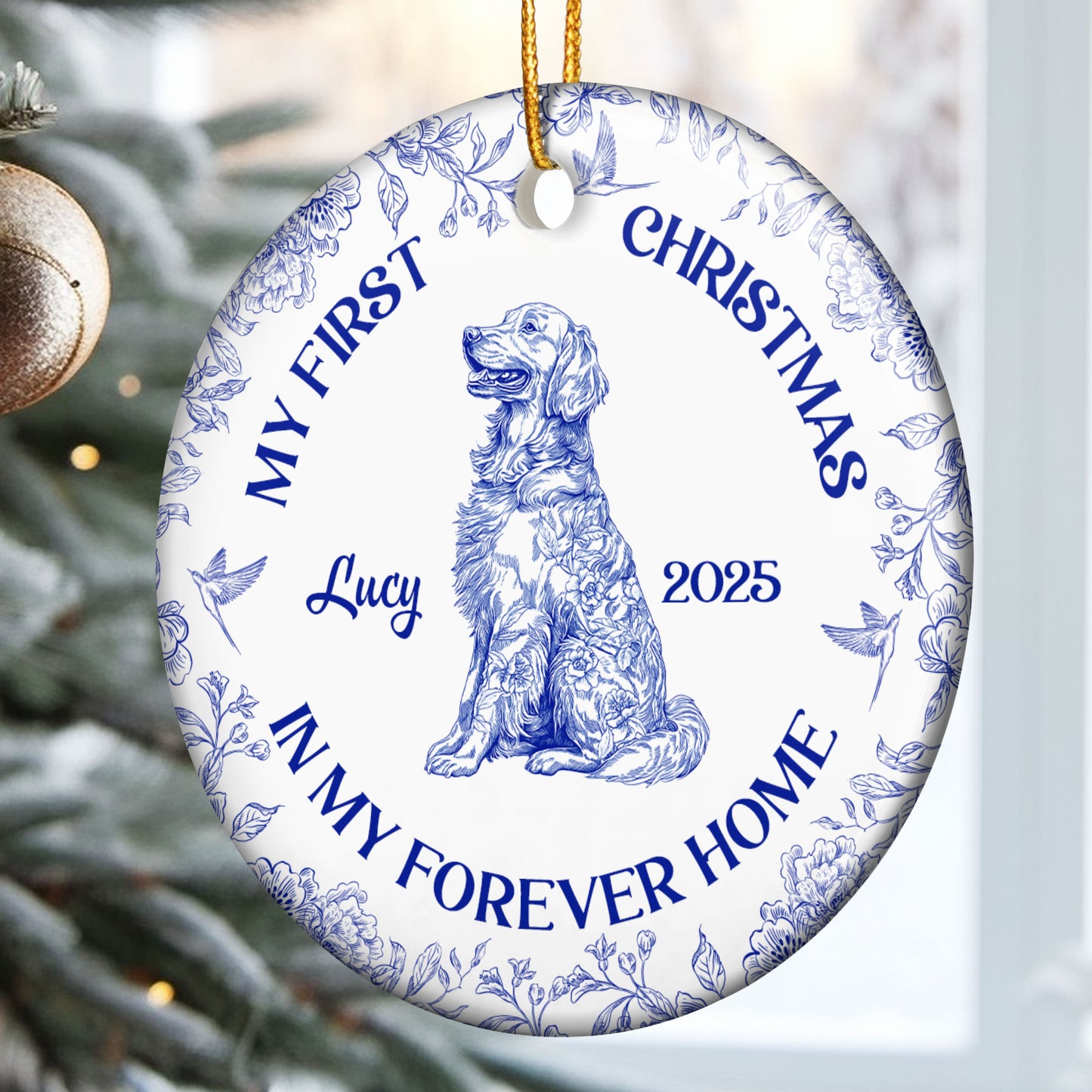 Dog's 1st Christmas, Cat's First Christmas, Toile De Jouy - Personalized Ceramic Ornament