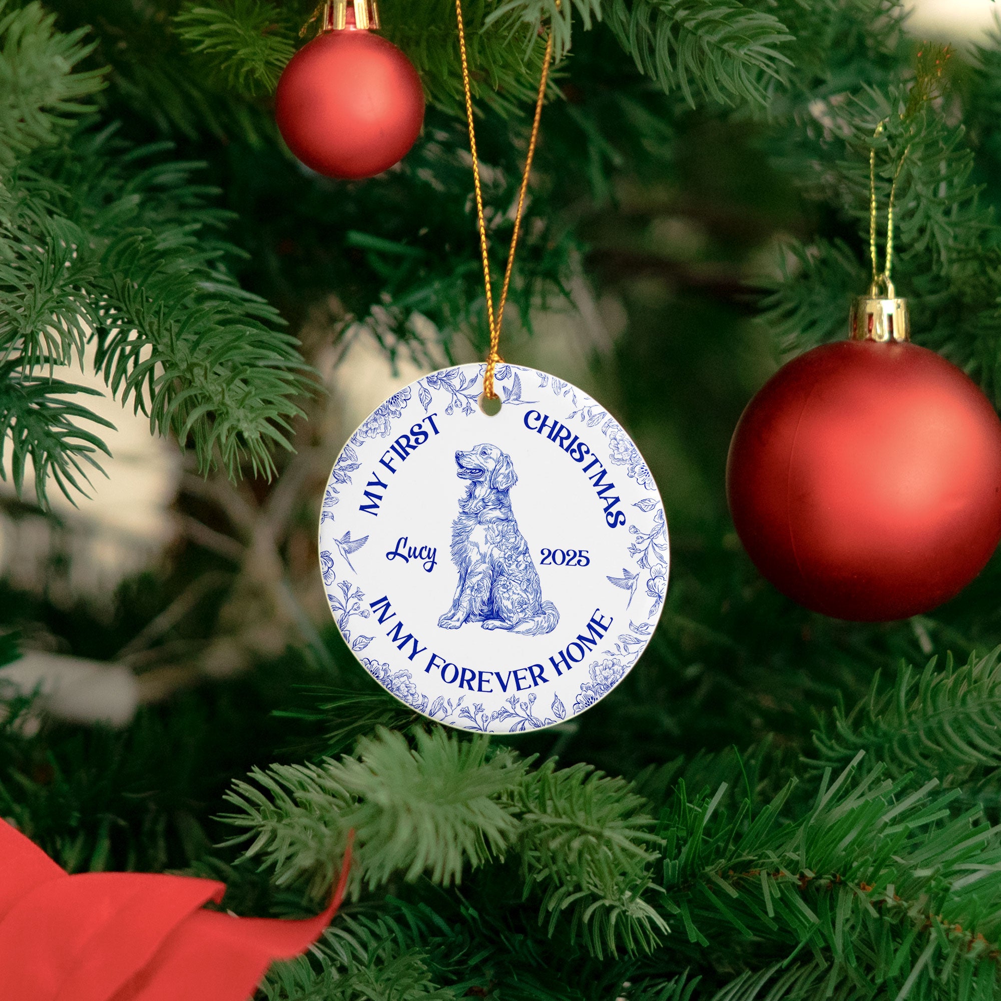 Dog's 1st Christmas, Cat's First Christmas, Toile De Jouy - Personalized Ceramic Ornament