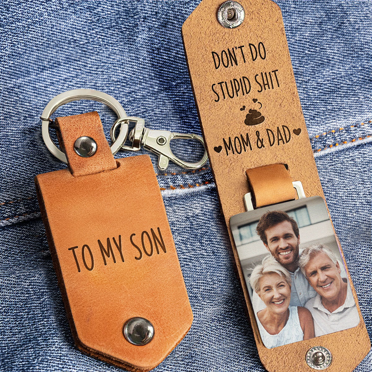 Don't Do Stupid Shit For Kids, Son, Daughter - Personalized Leather Photo Keychain