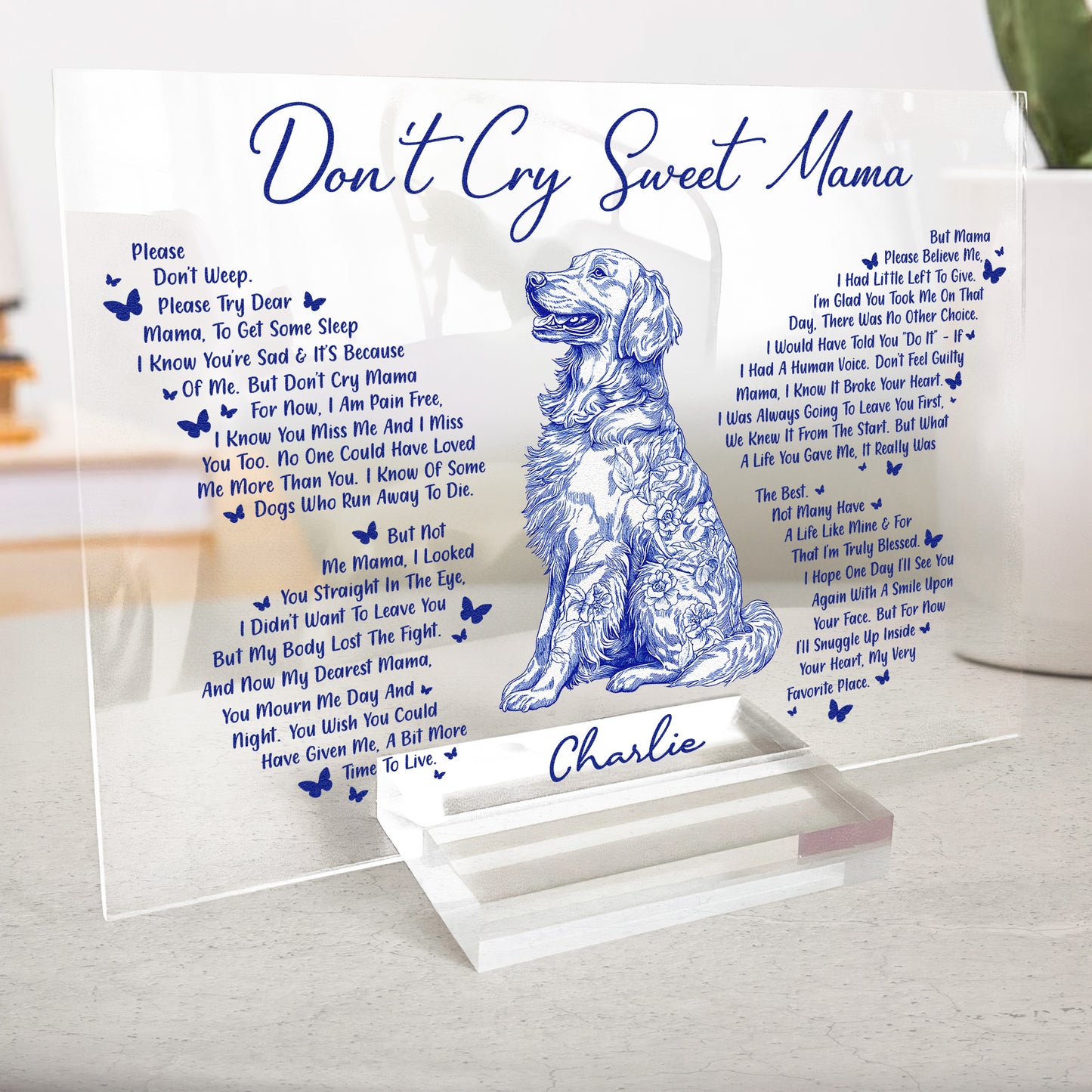 Don't Cry Sweet Mama Dog Memorial Toile De Jouy - Personalized Acrylic Plaque