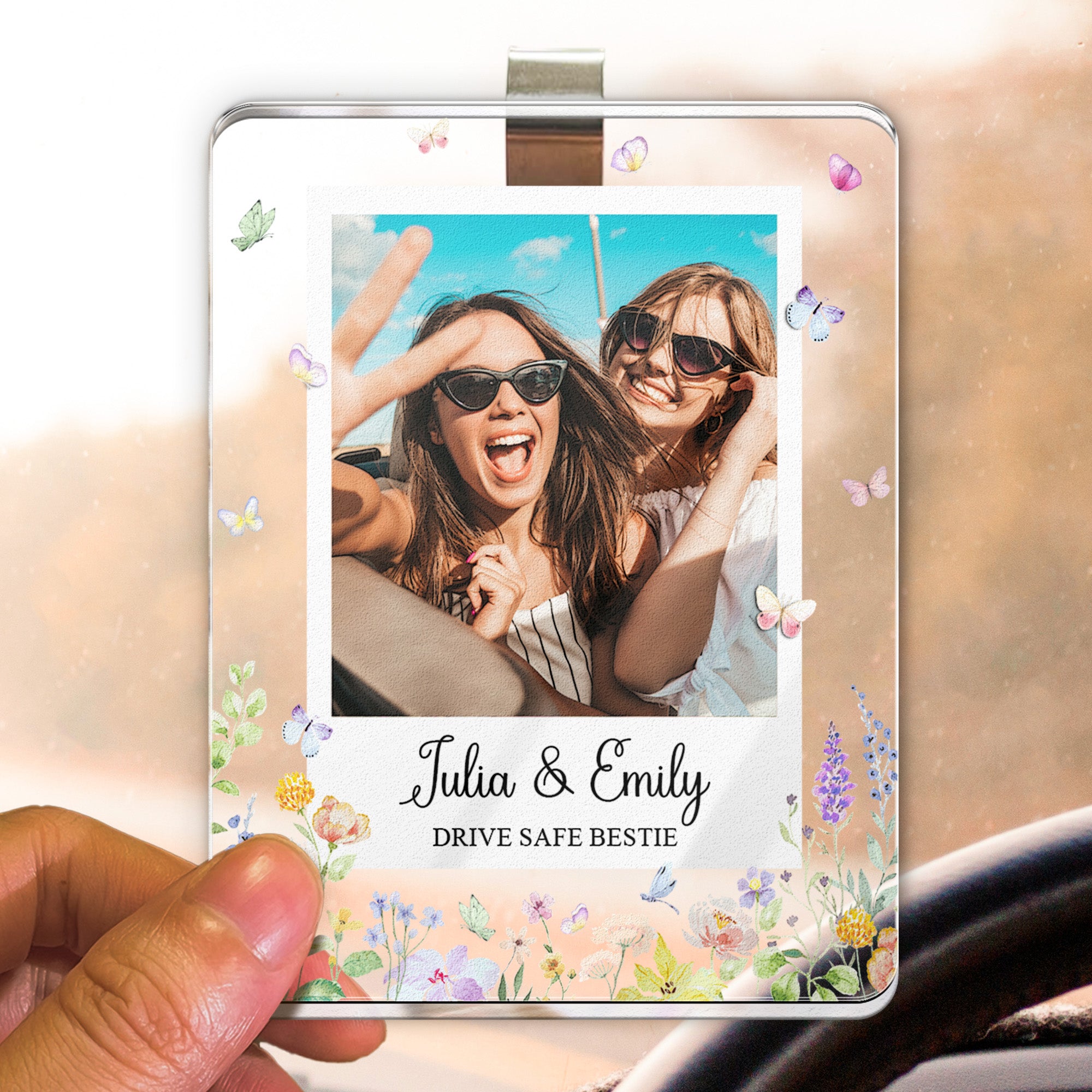 Drive Safe Bestie Floral - Personalized Acrylic Photo Visor Clip