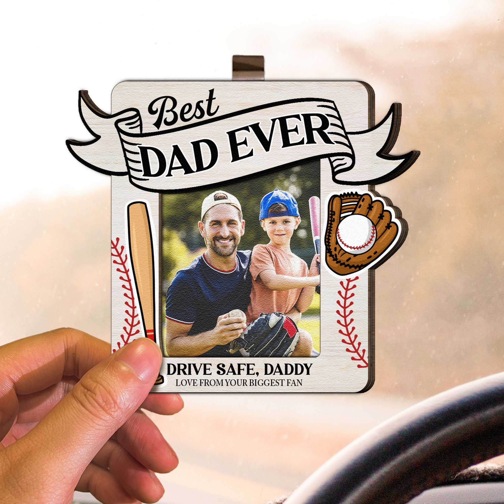 Drive Safe Daddy Love From Biggest Fans - Personalized Wooden Photo Car Visor Clip