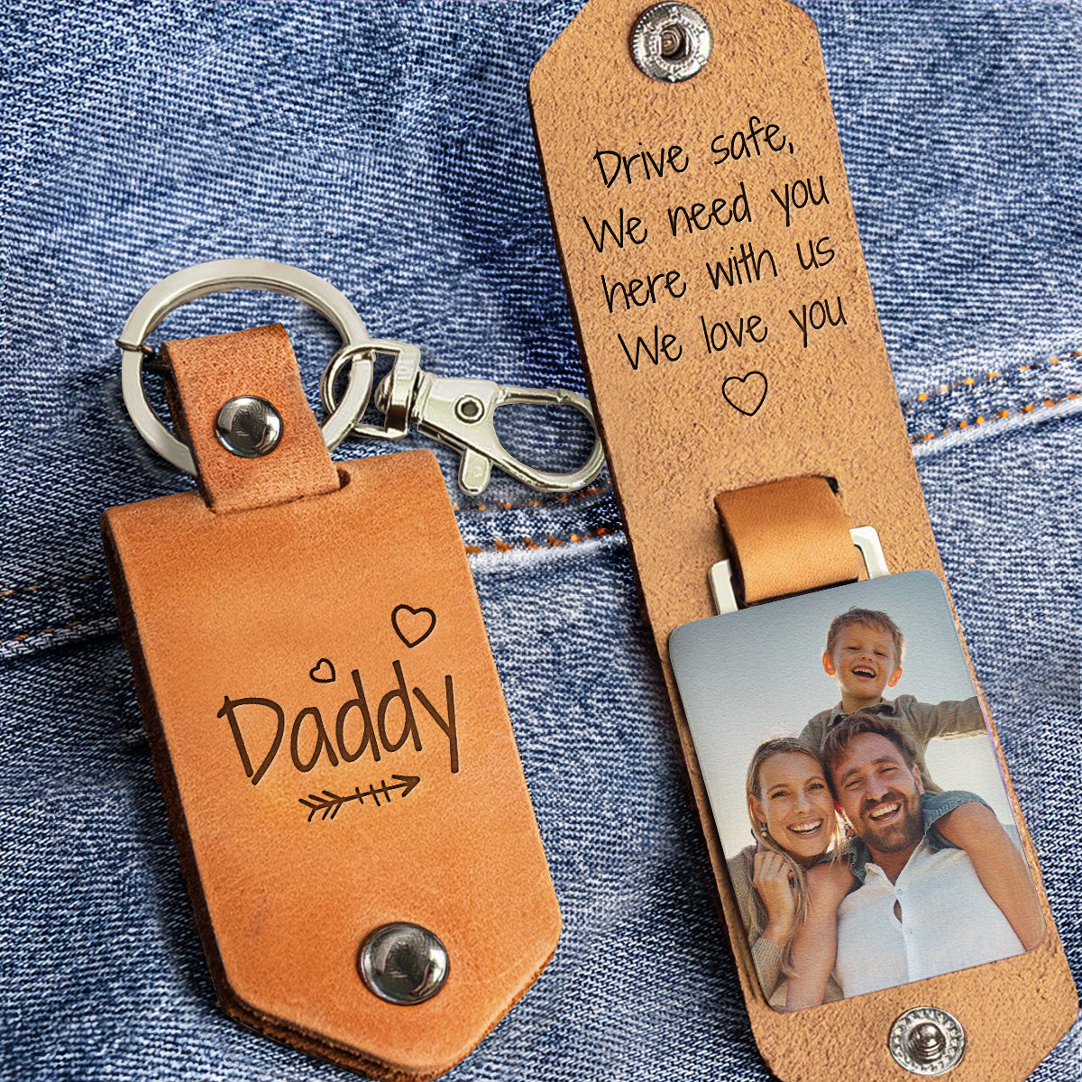 Father's Day Gifts, Drive Safe Daddy We Love You - Personalized Leather Photo Keychain
