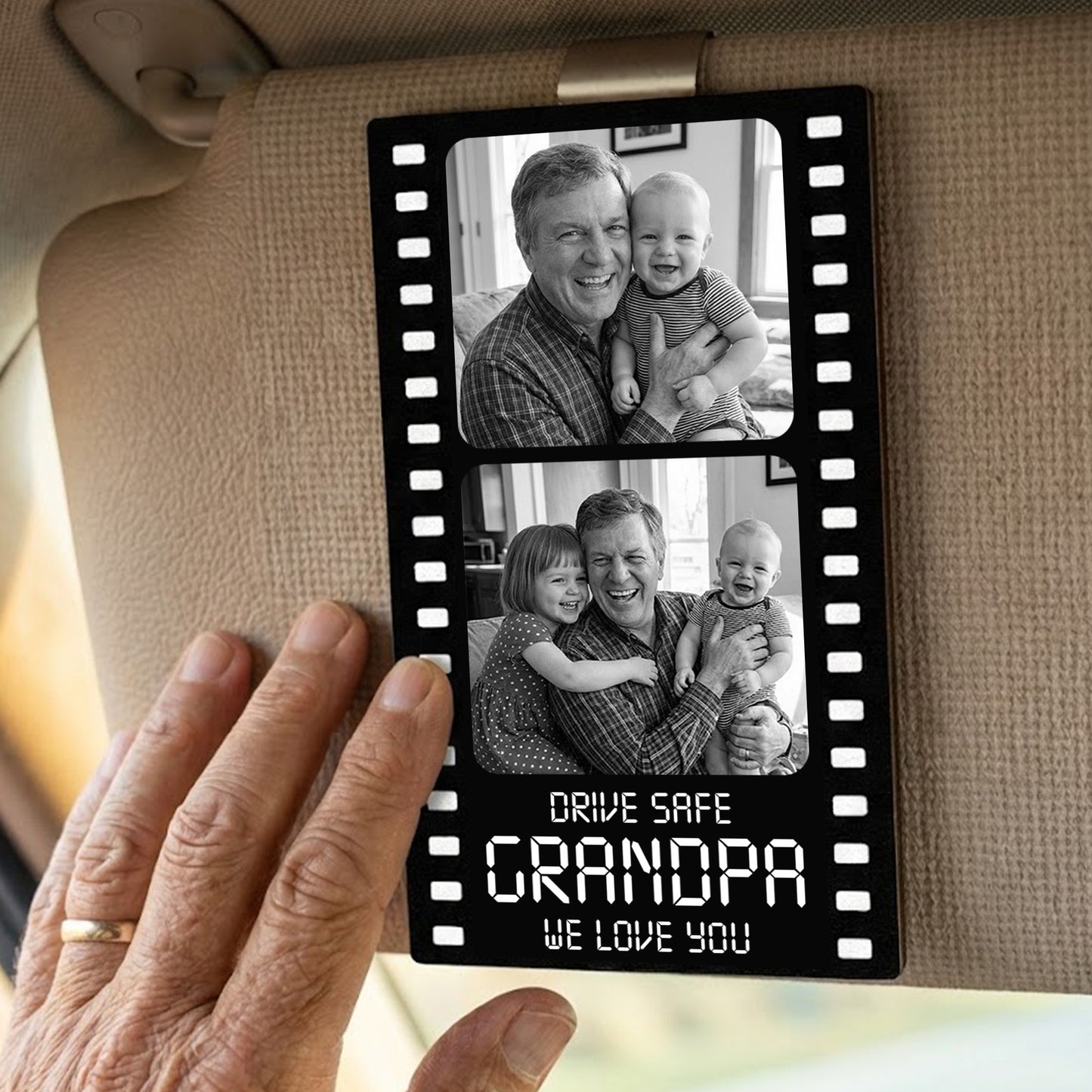 Drive Safe Grandpa We Love You Film Strip - Personalized Wooden Photo Car Visor Clip