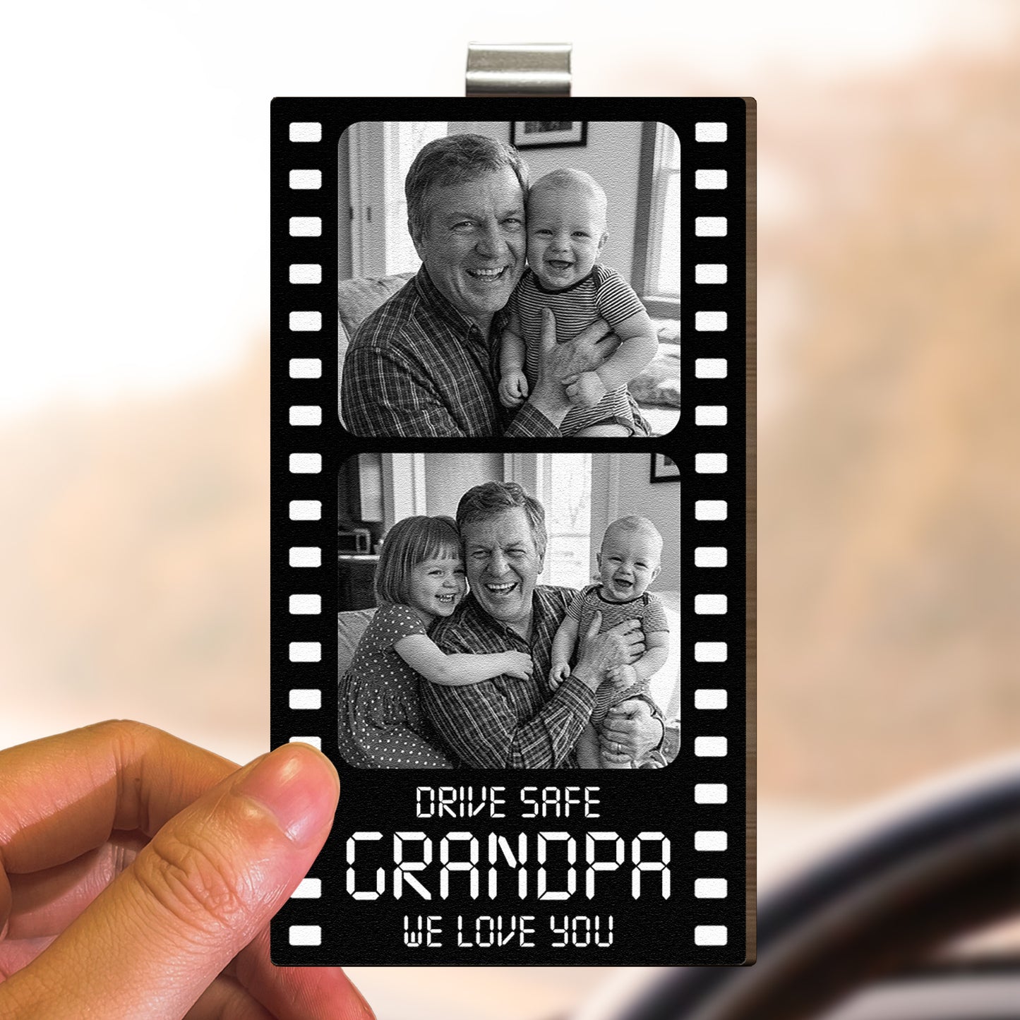 Drive Safe Grandpa We Love You Film Strip - Personalized Wooden Photo Car Visor Clip