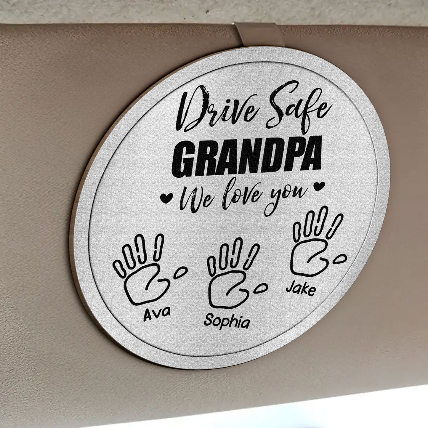 Drive Safe Grandpa We Love You Hand Prints - Personalized Wooden Car Visor Clip