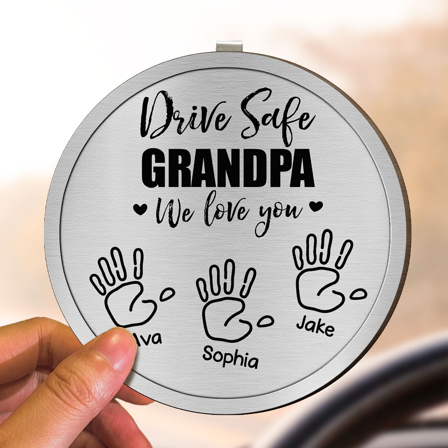 Drive Safe Grandpa We Love You Hand Prints - Personalized Wooden Car Visor Clip