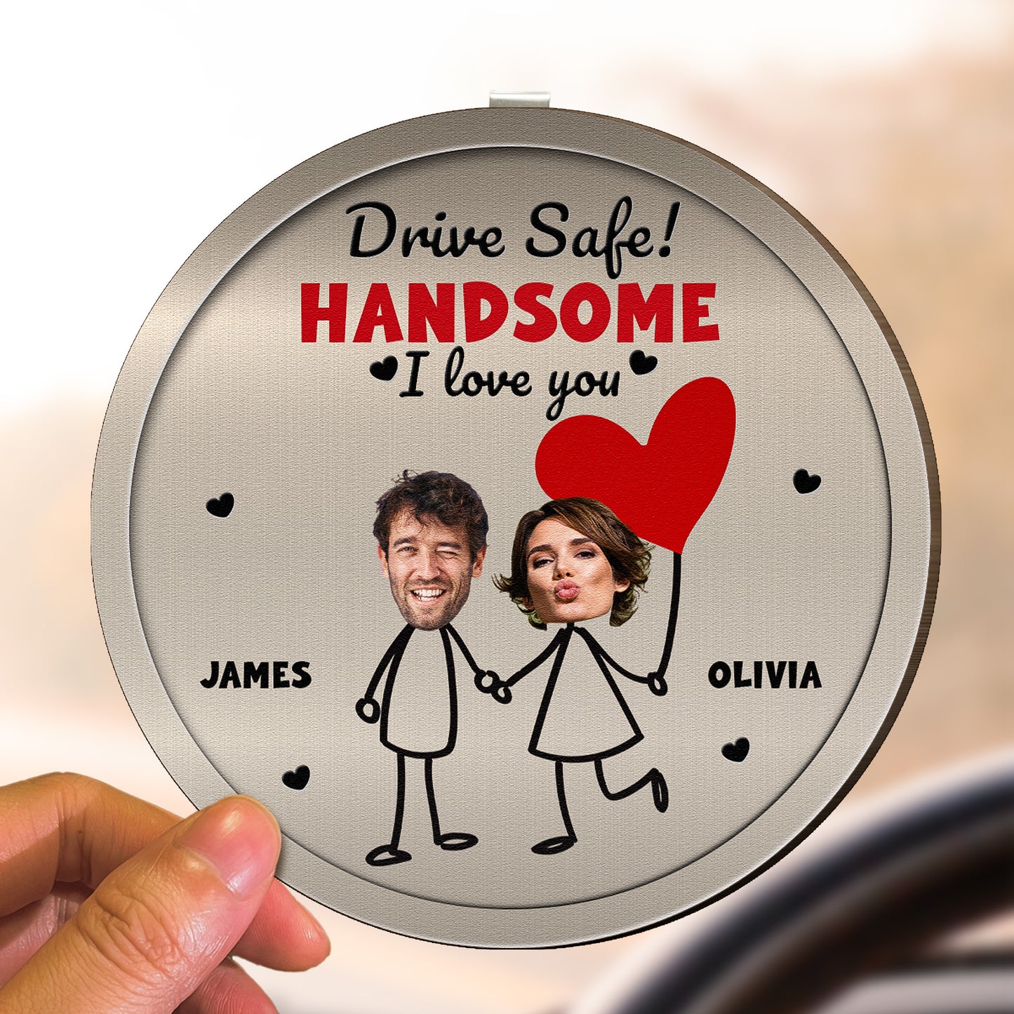 Drive Safe Handsome I Love You Funny Couple Gift - Personalized Wooden Photo Car Visor Clip
