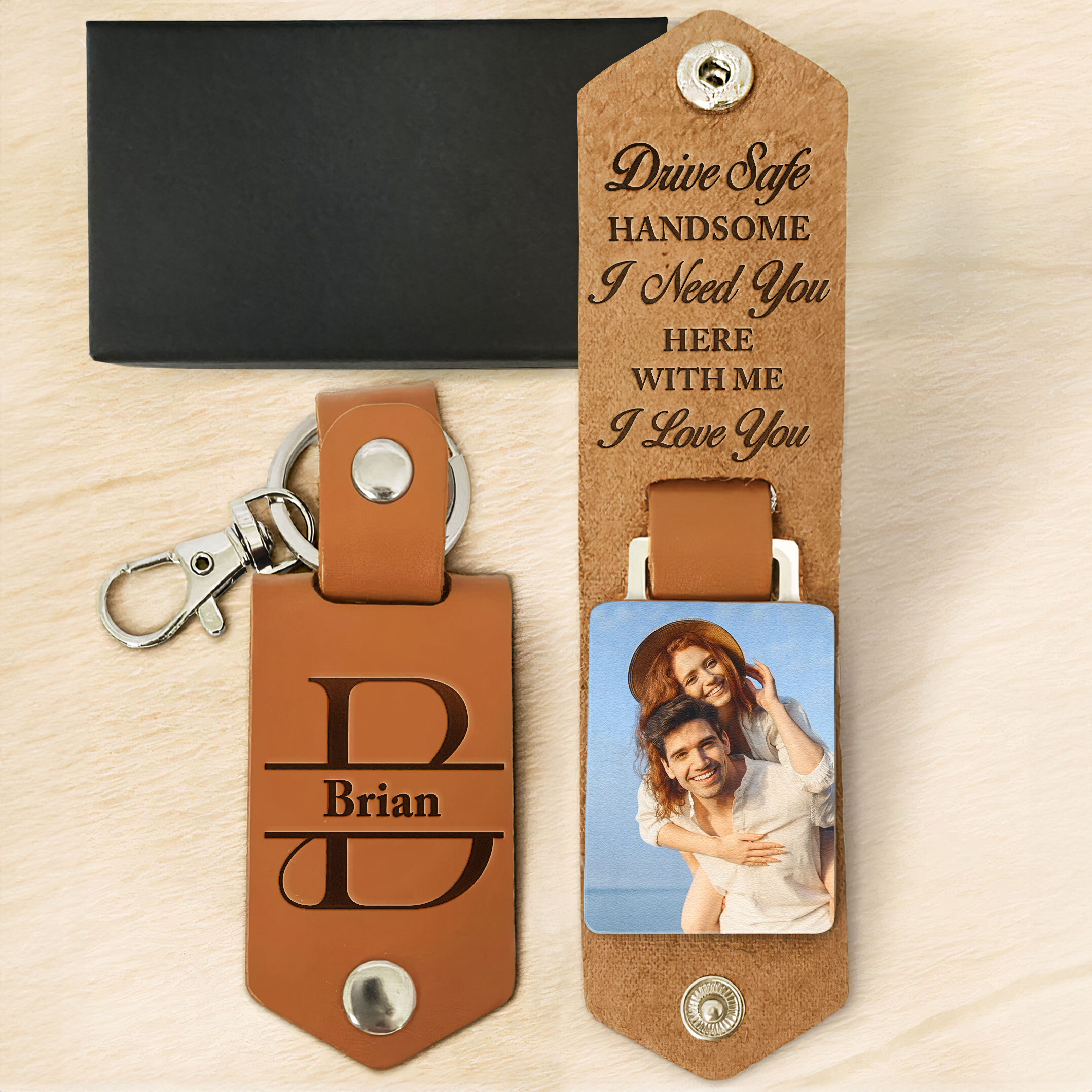Drive Safe Handsome I Love You - Personalized Leather Photo Keychain