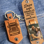 Drive Safe I Trucking Love You - Personalized Leather Photo Keychain