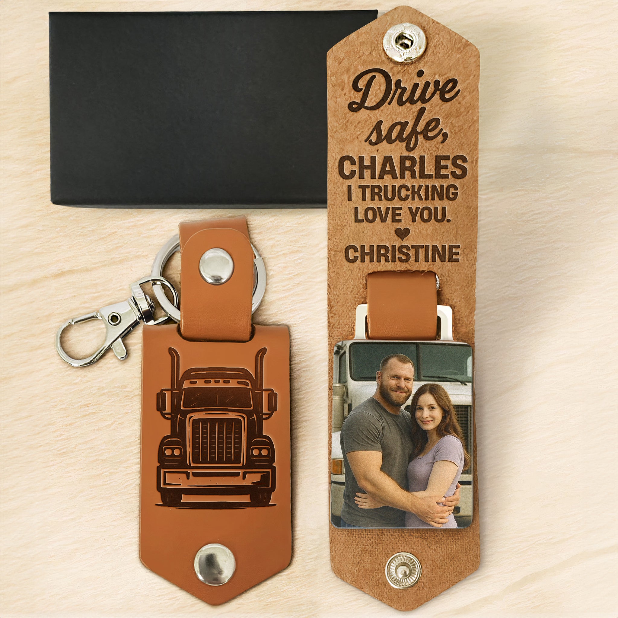 Drive Safe I Trucking Love You - Personalized Leather Photo Keychain