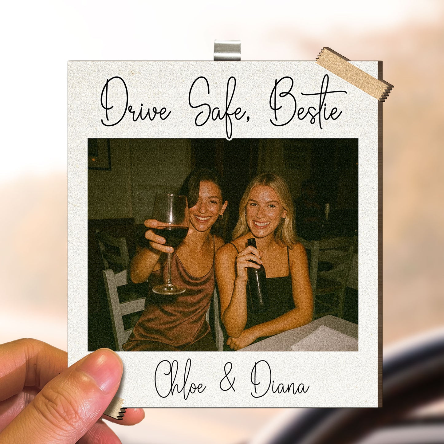 Drive Safe, Bestie I Love You Custom Friendship Photo Polaroid - Personalized Wooden Photo Car Visor Clip