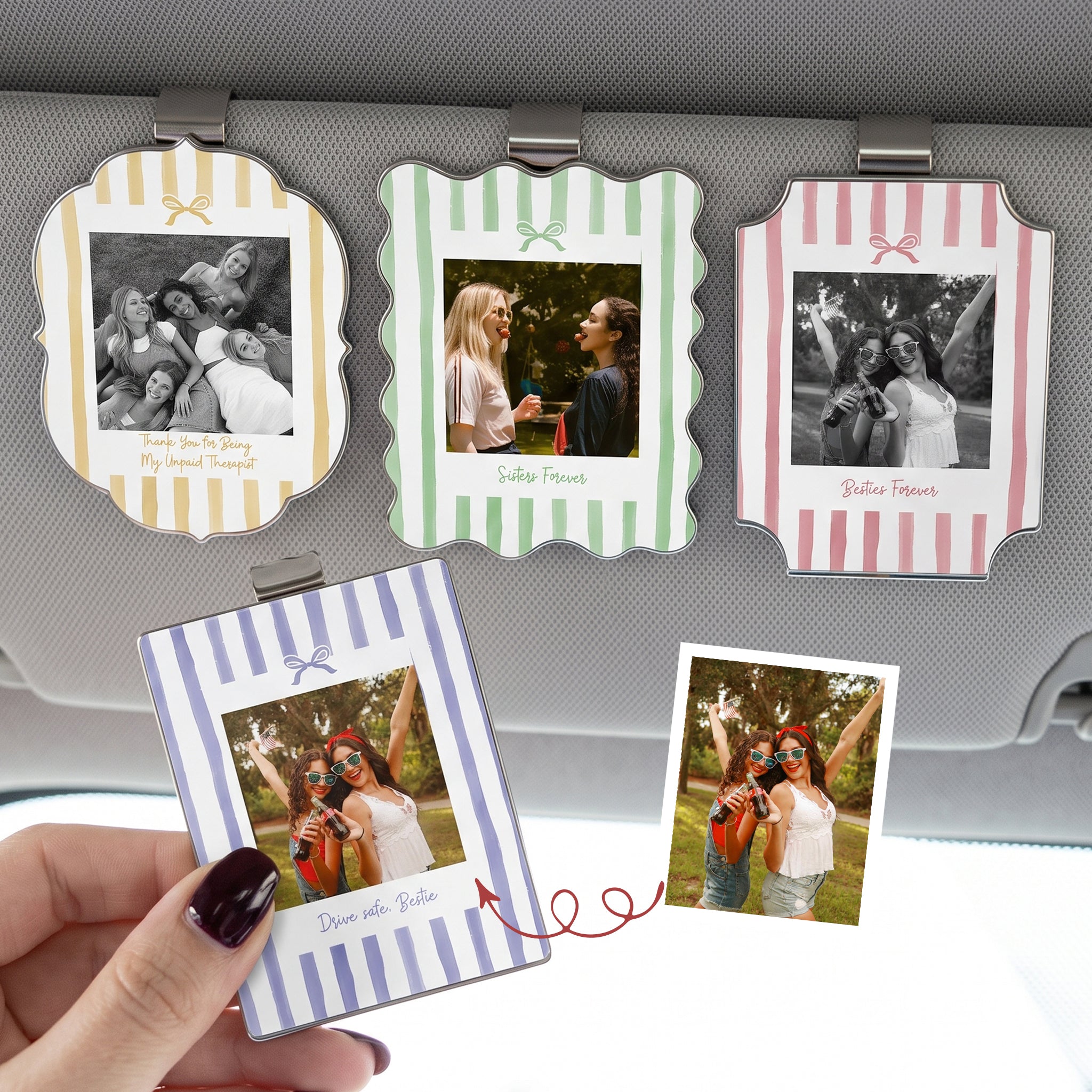 Drive Safe, Bestie - Retro Frame - Upload Friendship Photo - Personalized Car Visor Clip 1