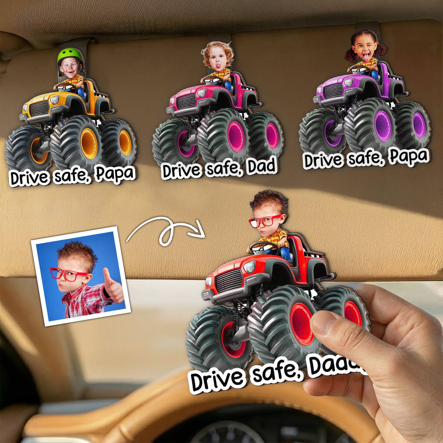 Drive-Safe,-Daddy,-Papa,-Mommy,-Grandma-Custom-Kids'-Face-Monster-Truck-Personalized-Car-Visor-Clip-1