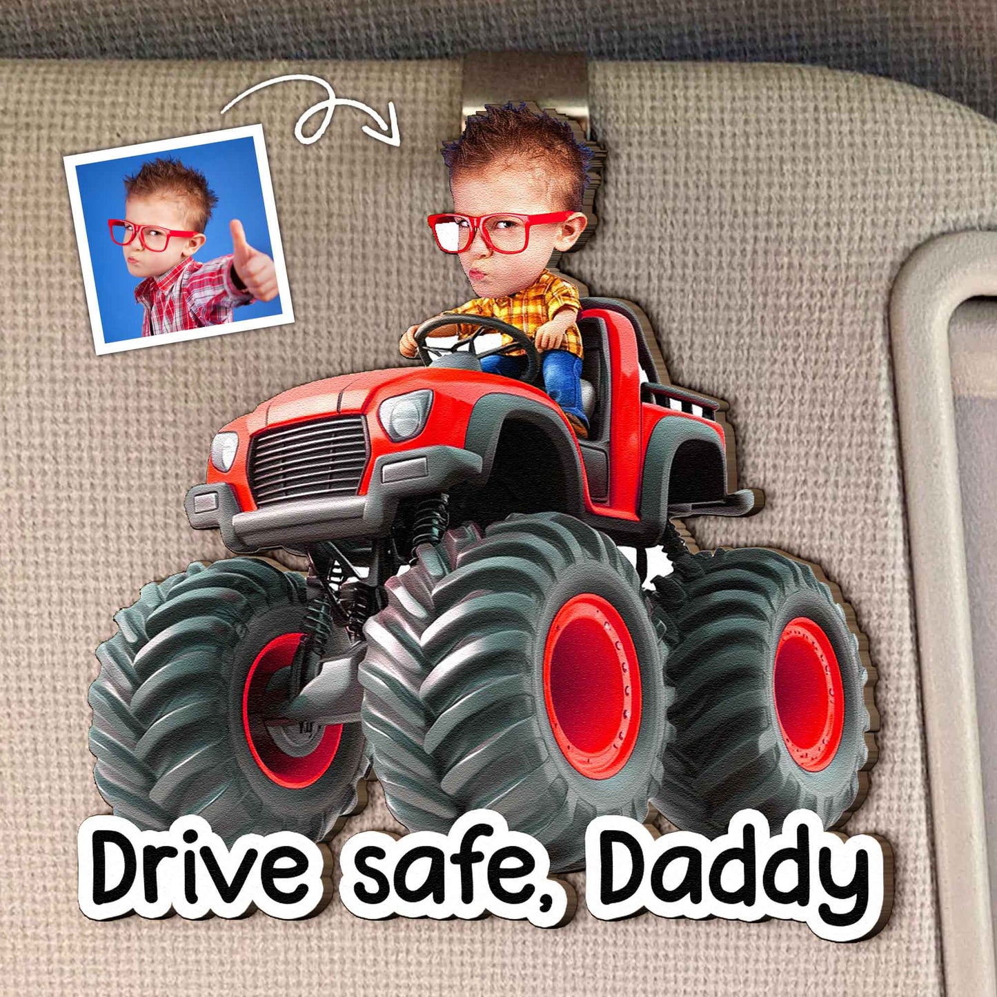 Drive-Safe,-Daddy,-Papa,-Mommy,-Grandma-Custom-Kids'-Face-Monster-Truck-Personalized-Car-Visor-Clip-2