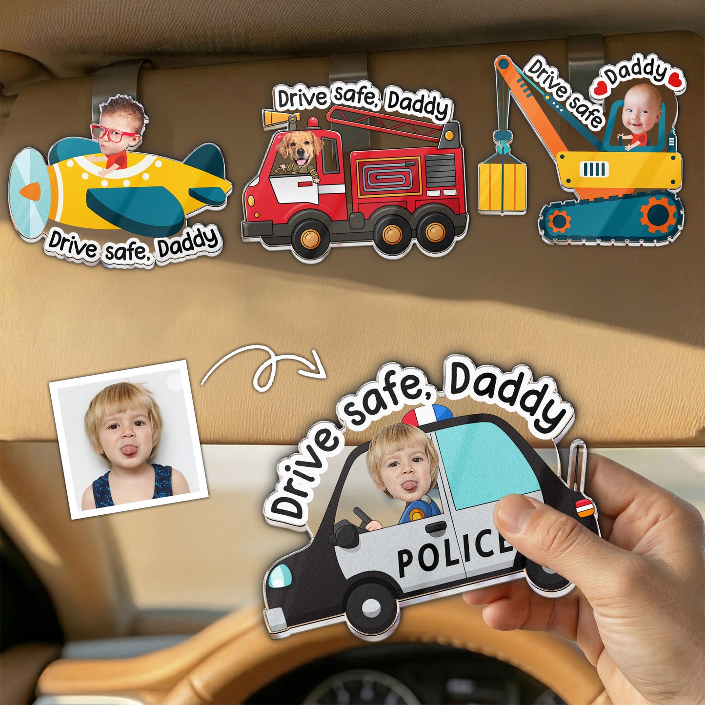 Drive-Safe,-Daddy,-Papa,-Mommy,-Grandma-Custom-Kids'-Face-Personalized-Car-Visor-Clip-1