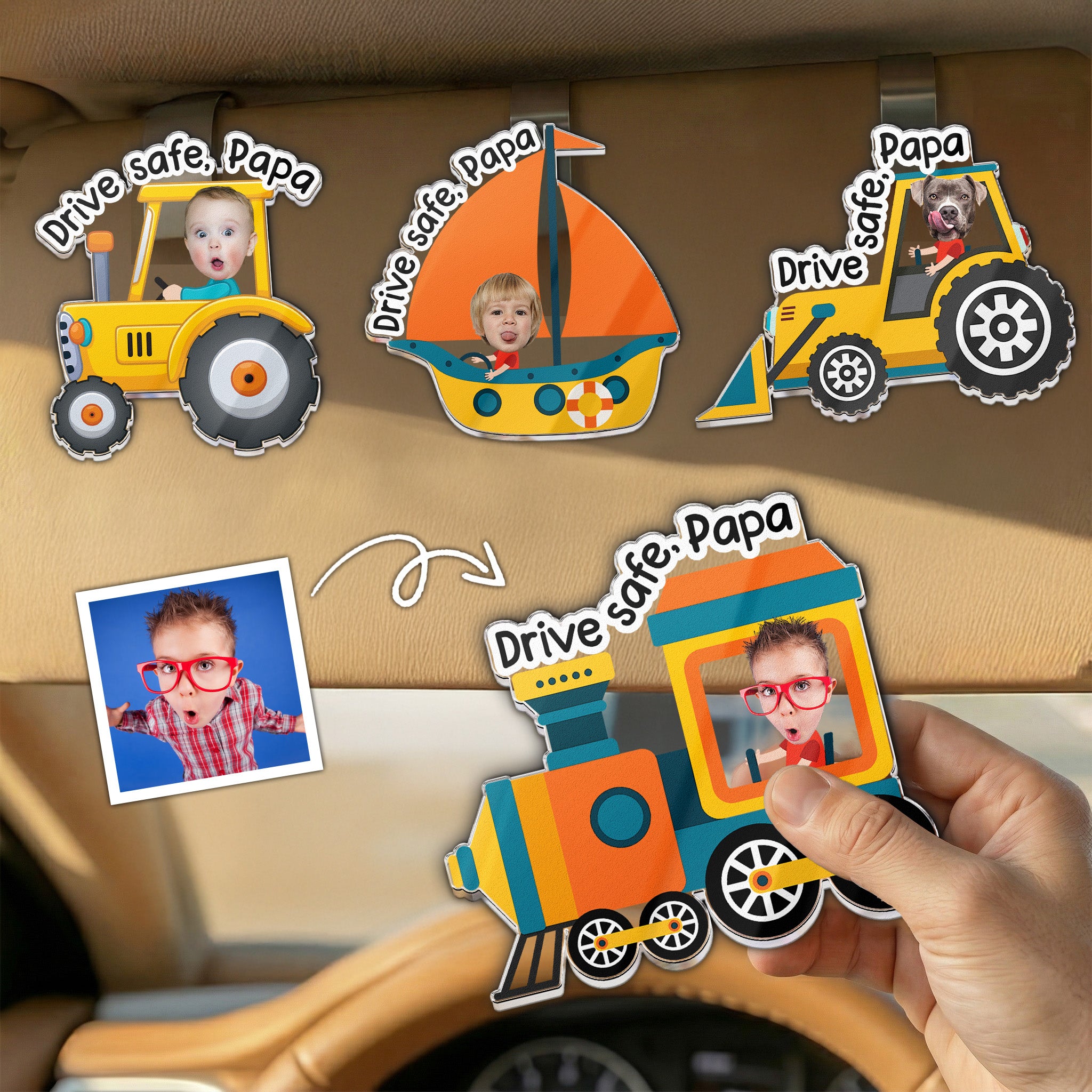 Drive-Safe,-Daddy,-Papa,-Mommy,-Grandma-Custom-Kids'-Face-Personalized-Car-Visor-Clip-2