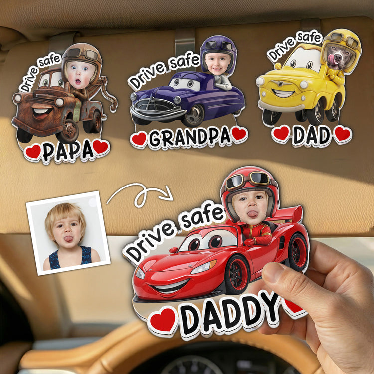 Drive-Safe,-Daddy,-Papa,-Mommy,-Grandma-Custom-Kids'-Face-Racing-Cars-Personalized-Car-Visor-Clip-1