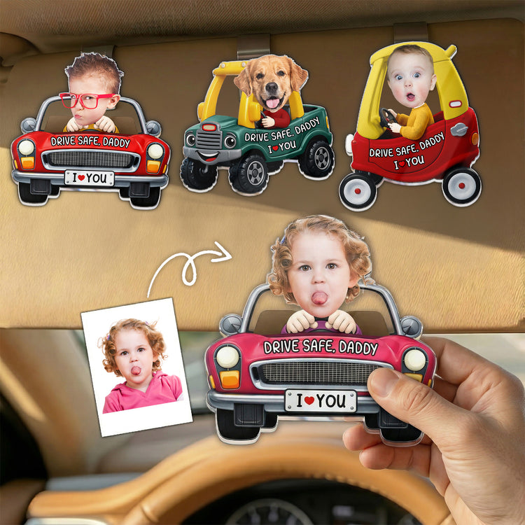 Drive-Safe,-Daddy,-Papa,-Mommy,-Uncle-Upload-Cute-Kid's-Photo-Personalized-Acrylic-Photo-Visor-Clip-1