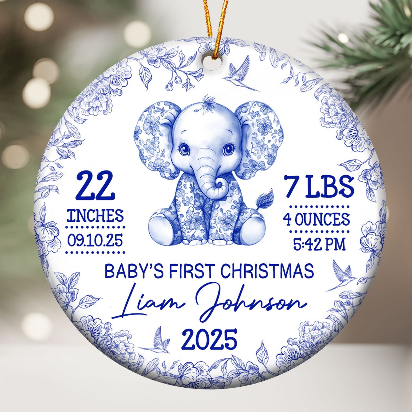 Elephant Baby First Christmas Toile Style - Personalized Ceramic Ornament