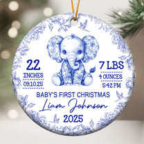 Elephant Baby First Christmas Toile Style - Personalized Ceramic Ornament