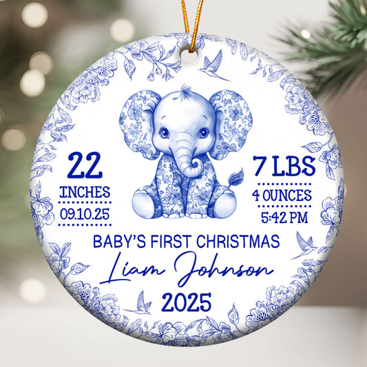 Elephant Baby First Christmas Toile Style - Personalized Ceramic Ornament