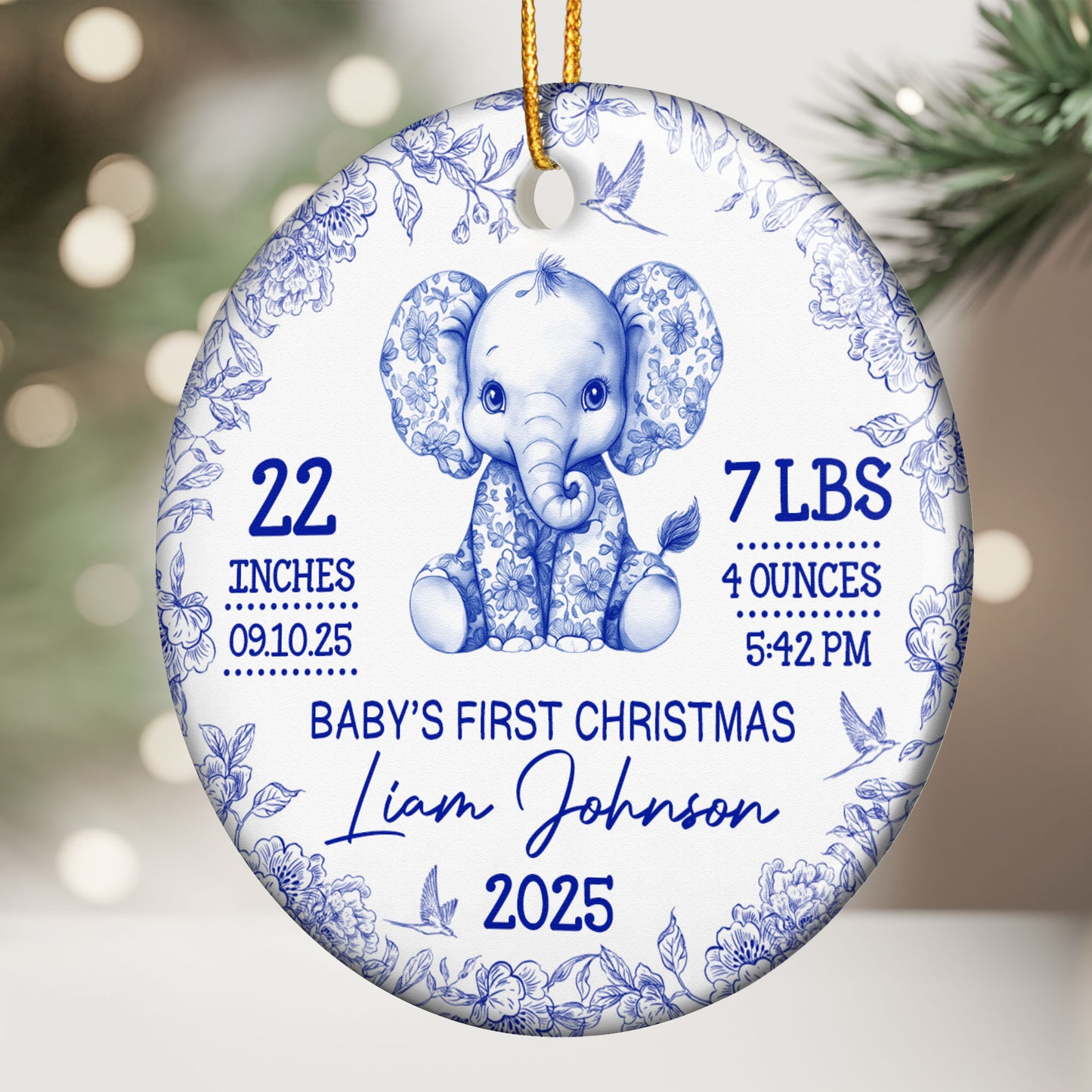 Elephant Baby First Christmas Toile Style - Personalized Ceramic Ornament